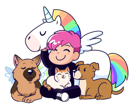 La artista Alesia con su unicornio, perros y gatos